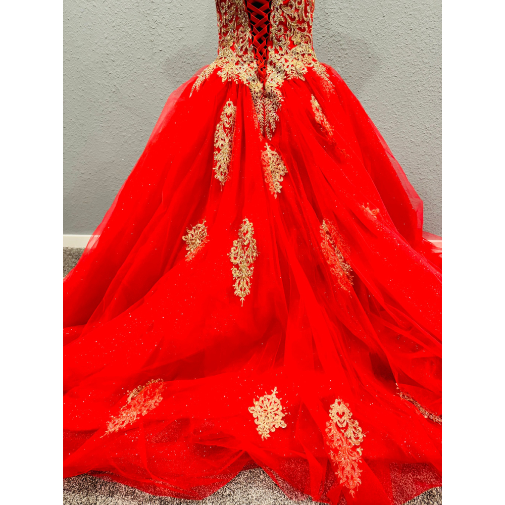 Chicas Red & Gold Ball Gown Dress | Size Large | Off-Shoulder Glitter Tulle - Picture 7 of 16